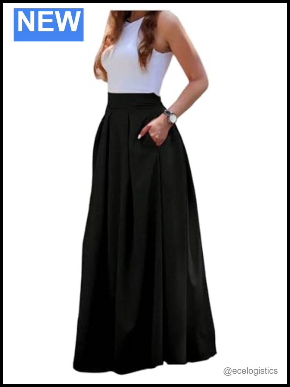 High Rise Pleated A-Line Maxi Skirt Pockets